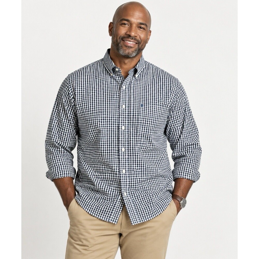 IZOD Men's Large Gingham Button Down Shirt Navy White Plaid Long Sleeve Cotton